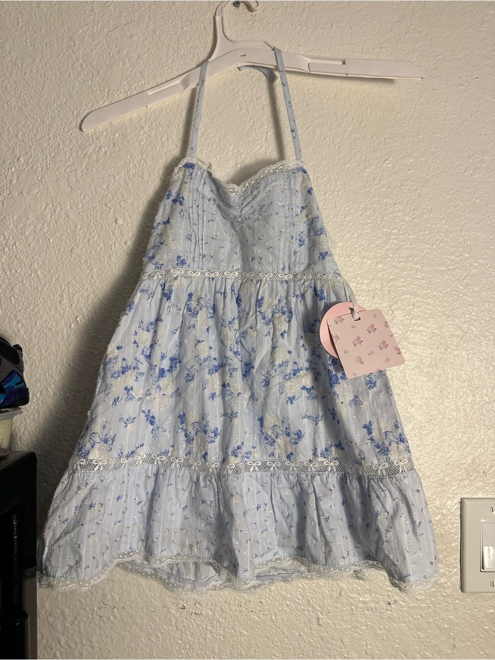 LoveShackFancy Light Blue Floral Halter Dress